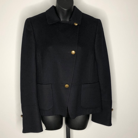 Akris Midnight Blue 100% Cashmere Asymmetric 3 Gold Button up Jacket 10